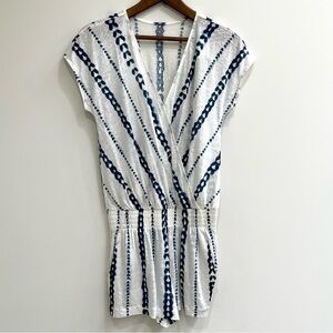 Ann Taylor Loft Beach 100% linen white blue tie-dye romper size XS